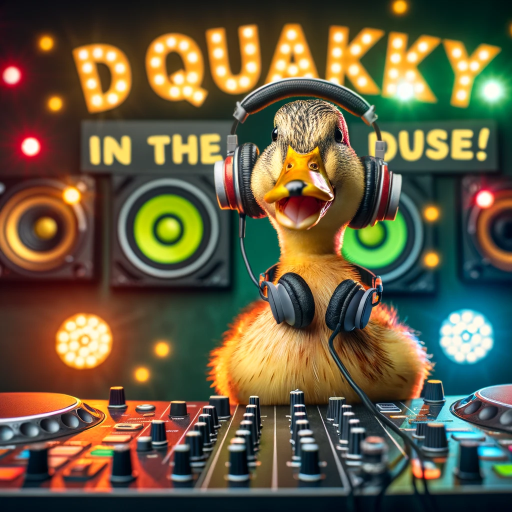 A duck with headphones around its neck, standing in front of a DJ booth with flashing lights. Include a caption that says, "DJ Quacky in the house!"