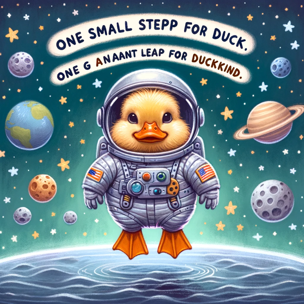 A duck in a tiny astronaut suit, floating against a backdrop of stars and planets. Include a caption that reads, "One small step for duck, one giant leap for duckkind."