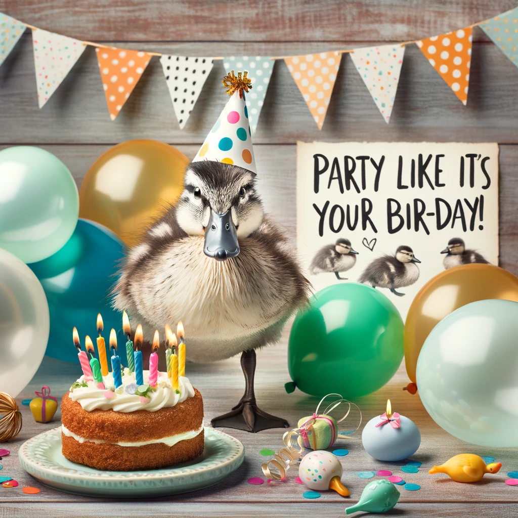 A duck wearing a party hat, surrounded by balloons and a small birthday cake. Include a caption that reads, "Party like it's your bird-day!"