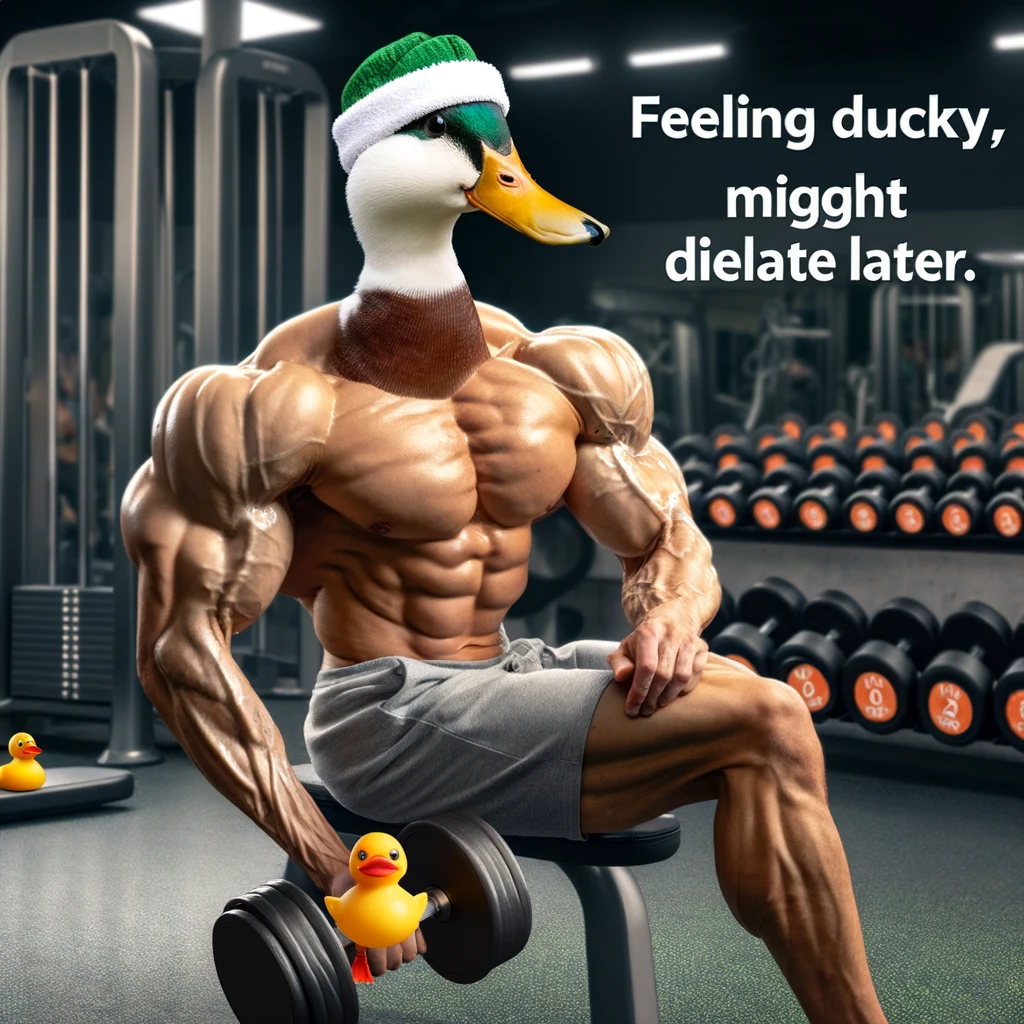 A muscular duck lifting tiny weights, with a gym background. Include a caption that says, "Feeling ducky, might delete later."