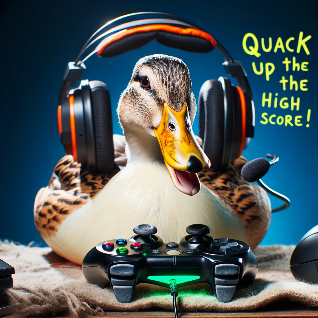 A duck intensely focused on playing video games, with a gaming headset and controller. Include a caption that reads, "Quack up the high score!"