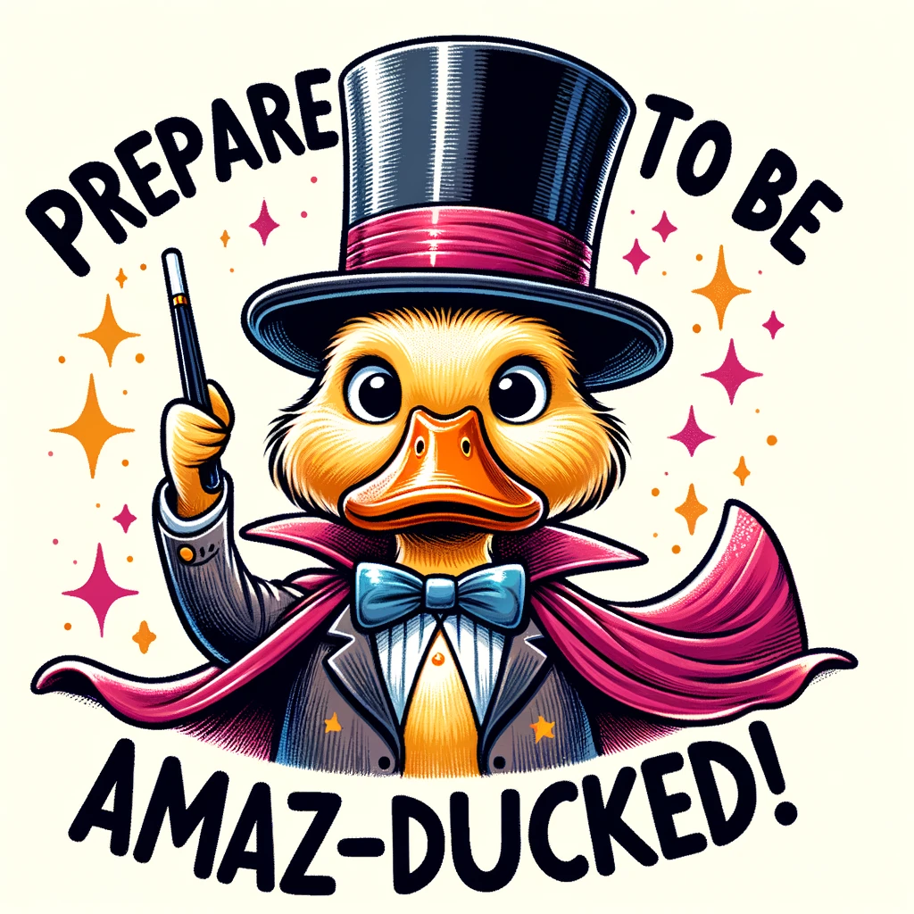 A duck wearing a magician's hat and cape, with a wand in its beak. Include a caption that reads, "Prepare to be amaz-ducked!"