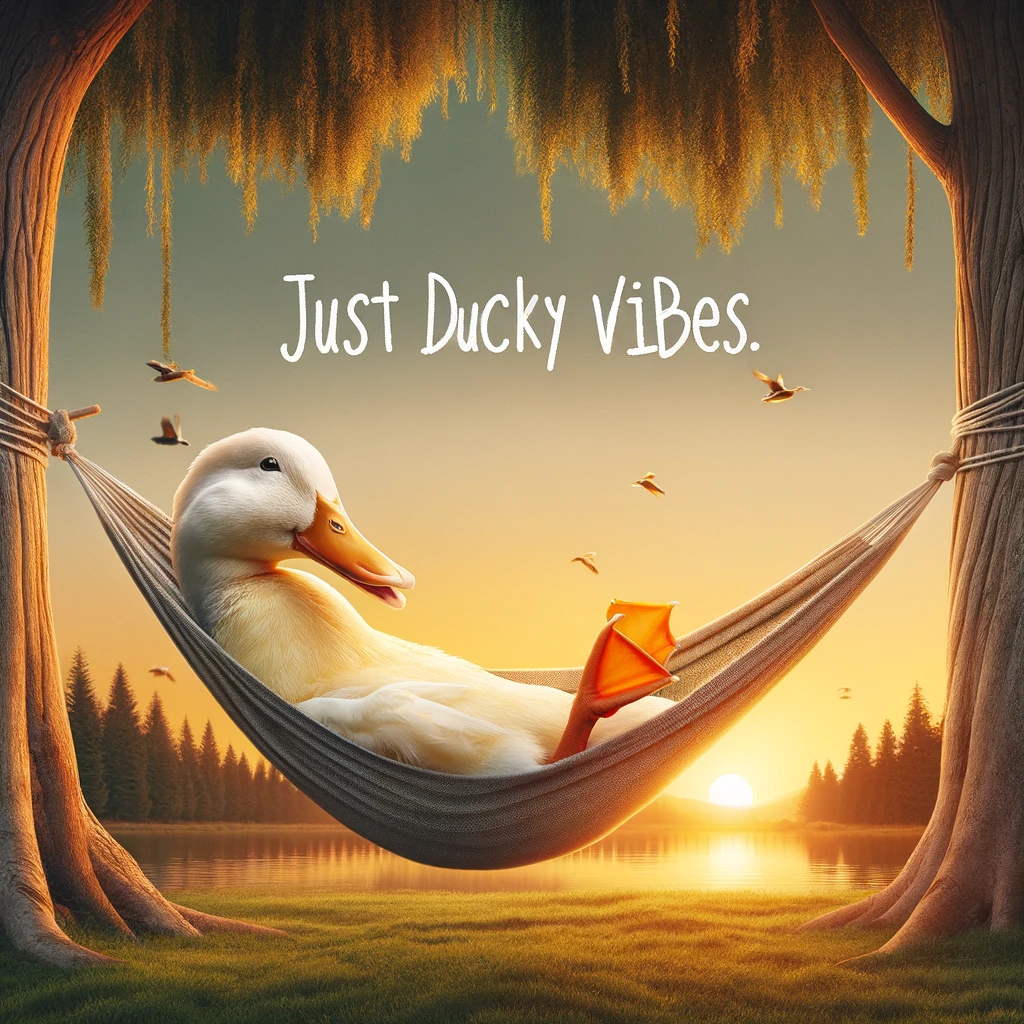 A relaxed duck lying in a hammock between two trees, with a serene sunset in the background. Include a caption that reads, "Just ducky vibes."