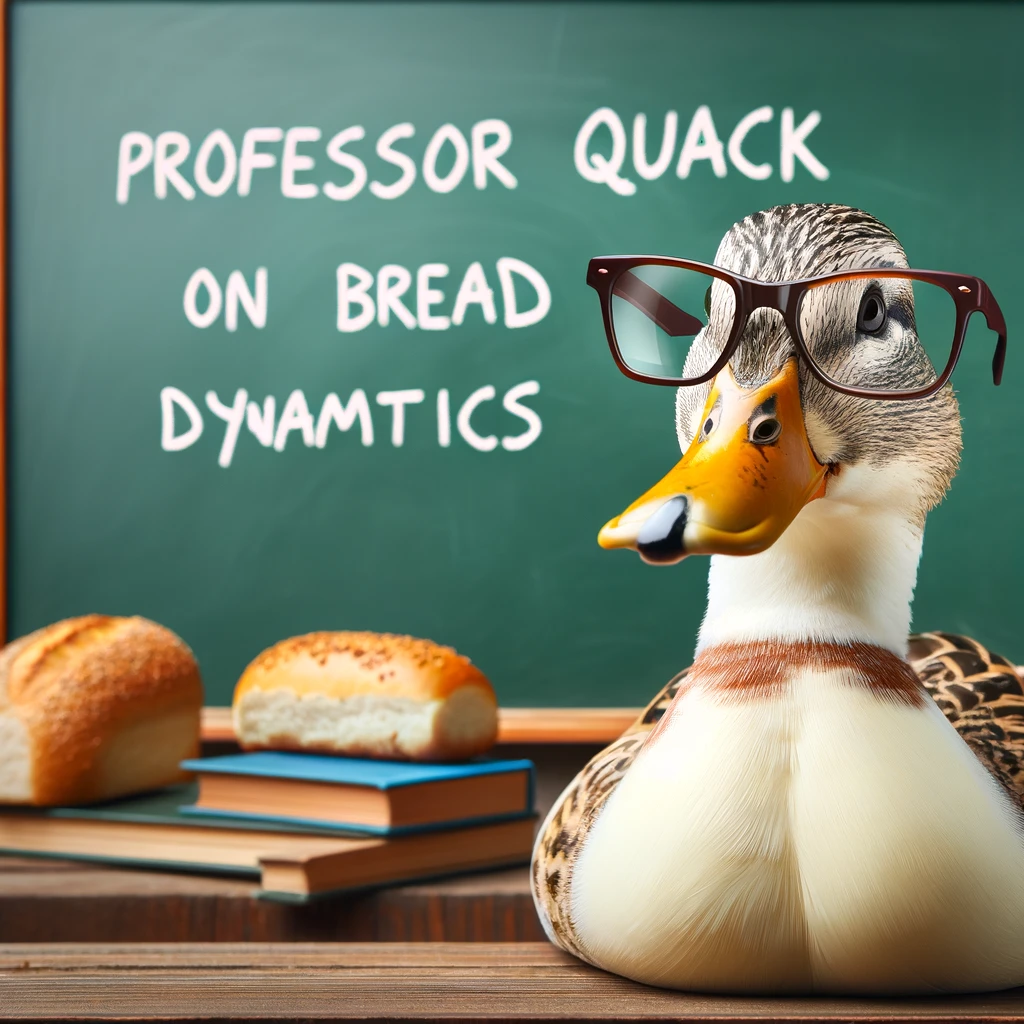 A duck in front of a chalkboard, wearing glasses, looking like it's teaching. Include a caption that reads, "Professor Quack's lecture on bread dynamics."
