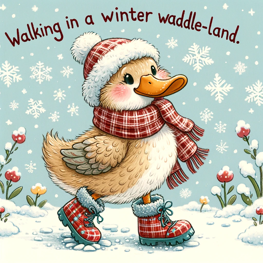 A duck wearing a scarf and tiny snow boots, surrounded by snowflakes. Include a caption: "Walking in a winter waddle-land."