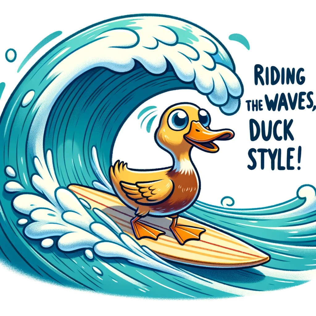 A duck surfing a big wave, looking adventurous. Include a caption that says, "Riding the waves, duck style!"