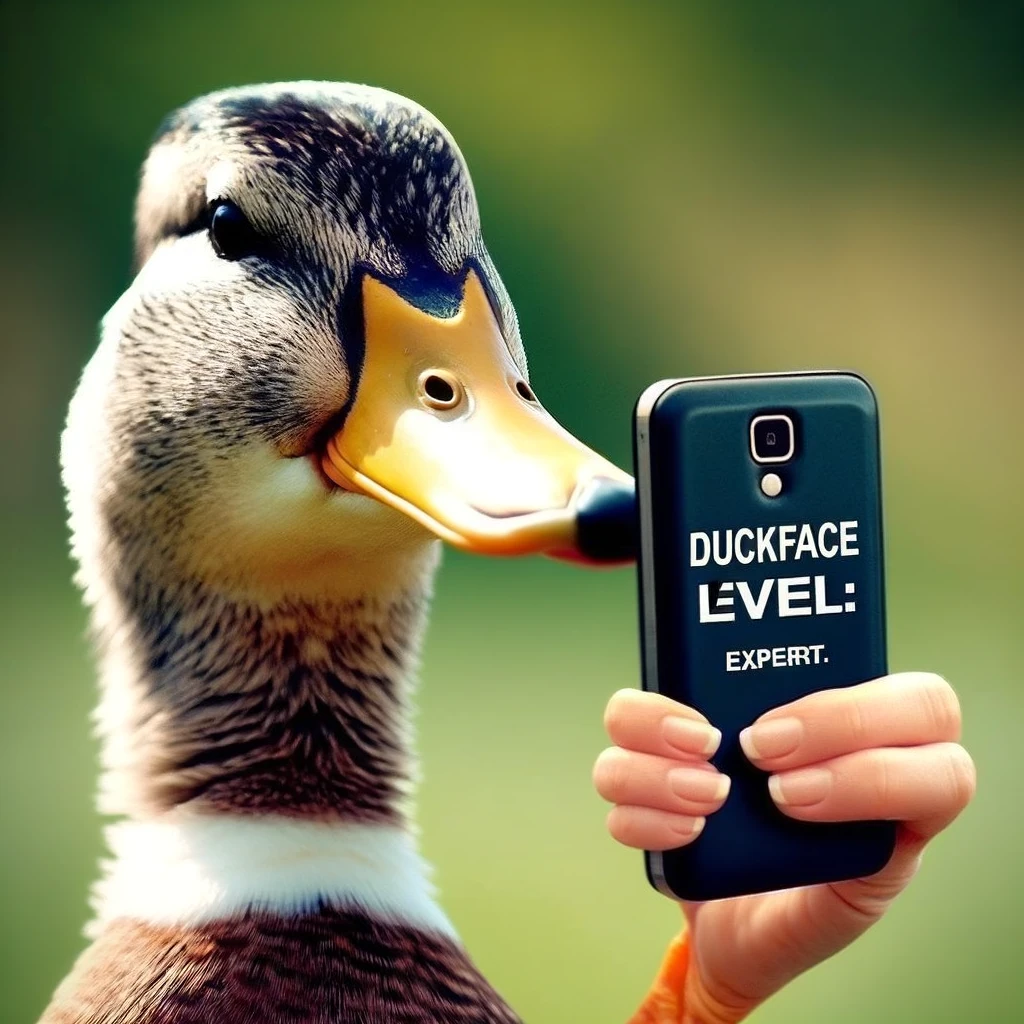 A duck holding a smartphone, posed as if taking a selfie. Include a caption that reads, "Duckface level: Expert."