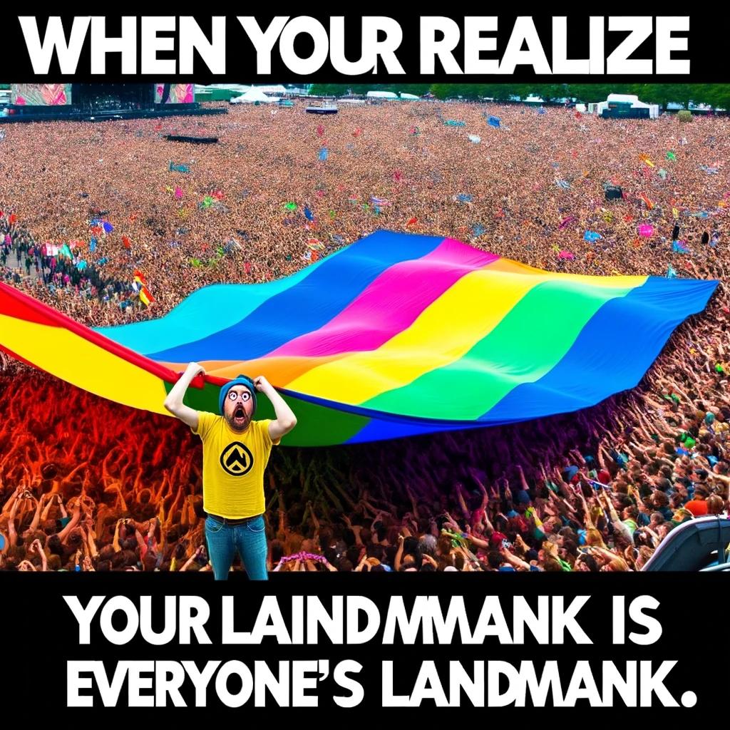 A person holding a huge, brightly colored flag with a perplexed look, trying to find their friends in a massive concert crowd. The caption says, "When you realize your landmark is everyone's landmark." The image should capture the humor of the situation, showing a large, diverse concert crowd with many other people also holding flags, creating a chaotic but funny scene.