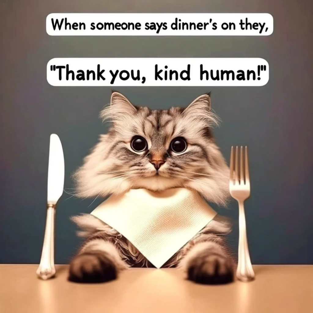 A fluffy cat sitting upright at a table, with a napkin tucked into its collar, holding a fork and knife. The cat has wide, adorable eyes. Above the cat, text reads: 'When someone says dinner's on them,' and below: 'Thank you, kind human!'. The image has a warm, cheerful tone, suitable for a humorous and grateful meme.