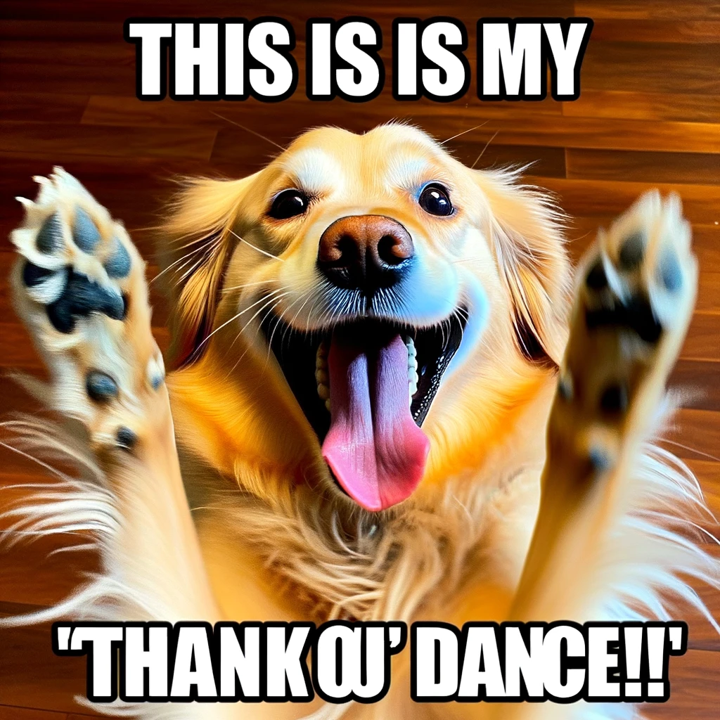 An overly excited golden retriever with its tongue out, paws in the air as if it's about to give a high-five. The image should capture the dog's enthusiastic expression. The caption says, 'This is my 'Thank You' dance!' The meme should have a joyful and playful atmosphere, highlighting the dog's happiness and gratitude.