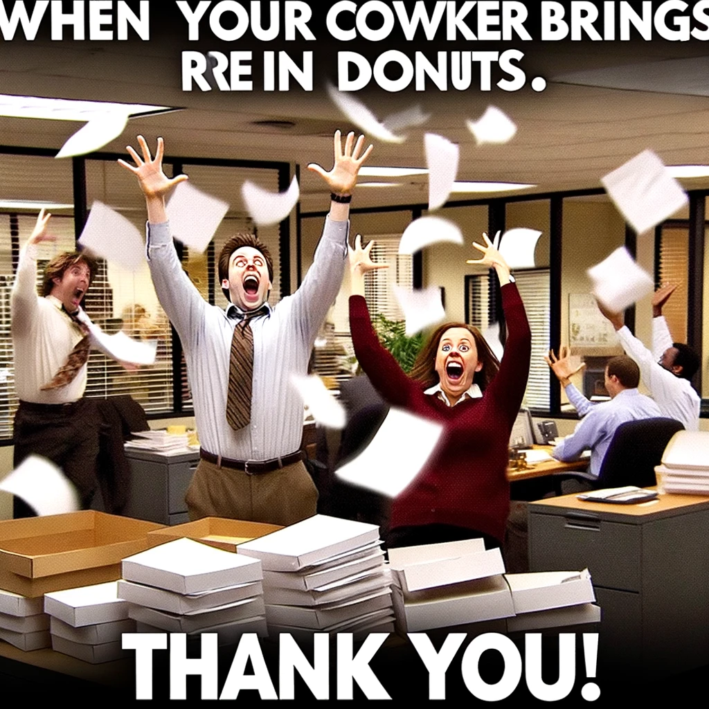 A scene depicting an office environment with people throwing papers in the air, looking overjoyed. This should resemble a popular TV show office setting. The caption reads, 'When your coworker brings in donuts. Thank You!' The image should convey a sense of fun and celebration, capturing the excitement of an unexpected treat in a workplace setting.