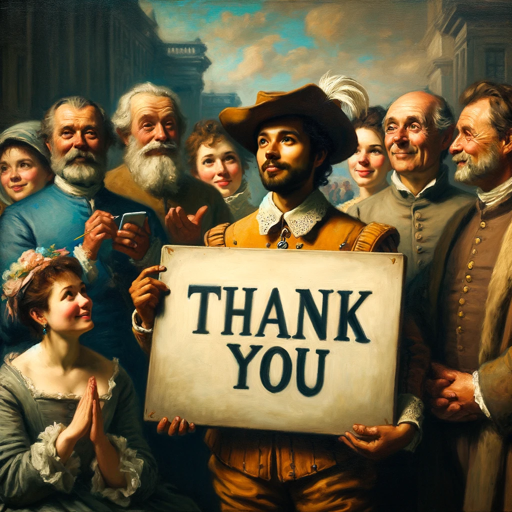 A classic historical painting, but with one of the characters holding a 'Thank You' sign. The rest of the characters in the painting look at the sign with admiration. The image should mimic the style of a traditional oil painting, with rich colors and detailed expressions. The scene should convey a sense of respect and appreciation, capturing the timeless nature of gratitude.
