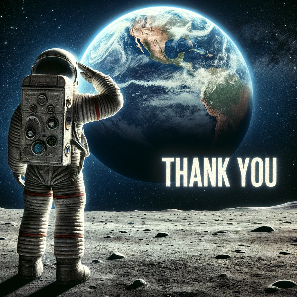 An astronaut on the moon, saluting toward Earth. The Earth in the background is replaced with a big 'Thank You' text in space. The astronaut should look proud and respectful. The caption below says, 'Thank you to the moon and back!' The image should convey a sense of awe and grandeur, highlighting the vastness of space and the gratitude felt across such great distances.