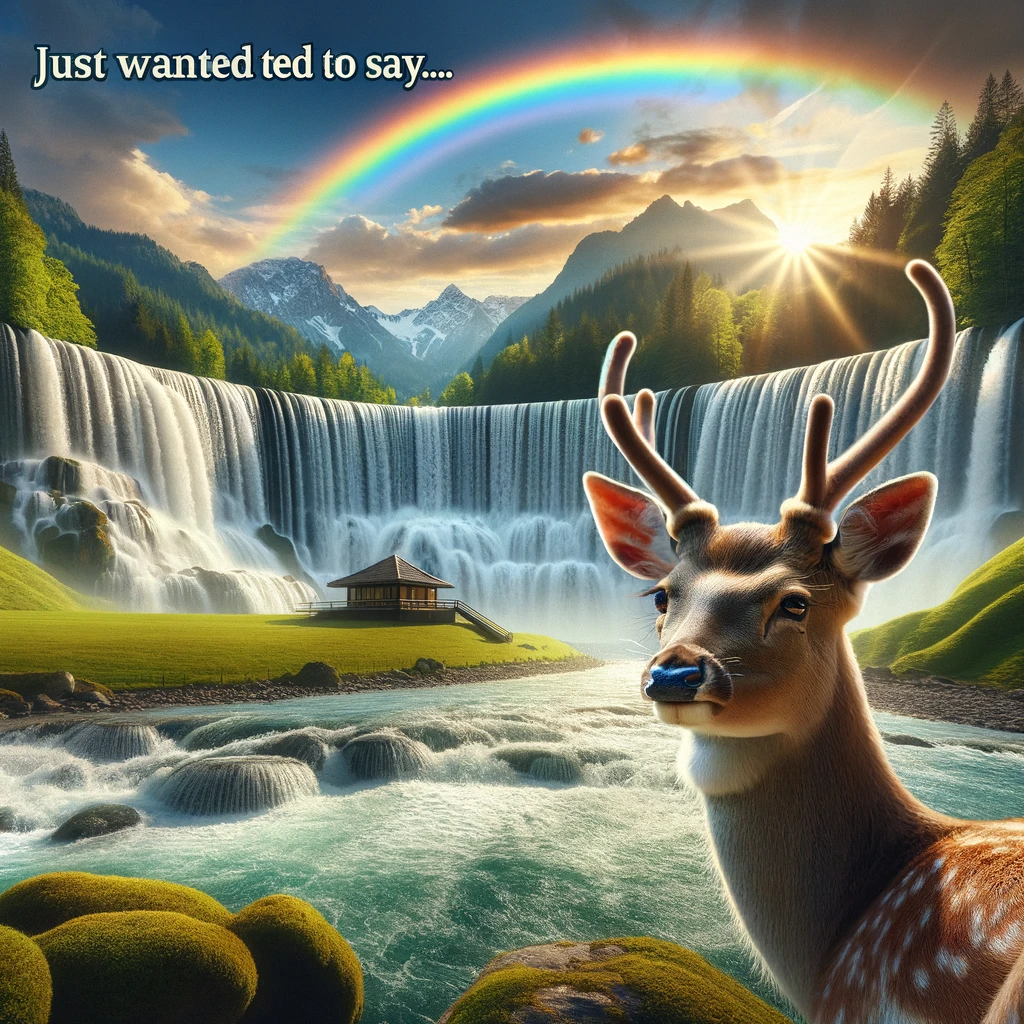 A breathtaking nature scene with a majestic waterfall and rainbow. In the foreground, a deer looks towards the camera with a speech bubble saying, 'Just wanted to say... Thank You!' The image should capture the beauty and tranquility of nature, with vibrant colors and a serene atmosphere. The deer should appear gentle and grateful, adding a charming touch to the scenic beauty.