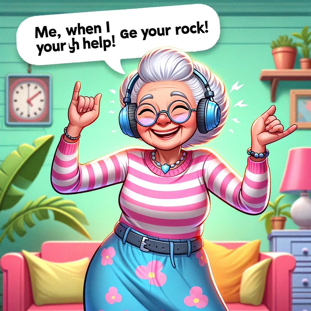 A joyful grandma dancing with headphones on, animated style, looking very happy and energetic. She is in a lively, colorful room, possibly her living room. She has a big smile on her face, and her dance moves suggest she's really enjoying the music. The caption at the bottom of the image says, "Me, when I received your help. You rock!"