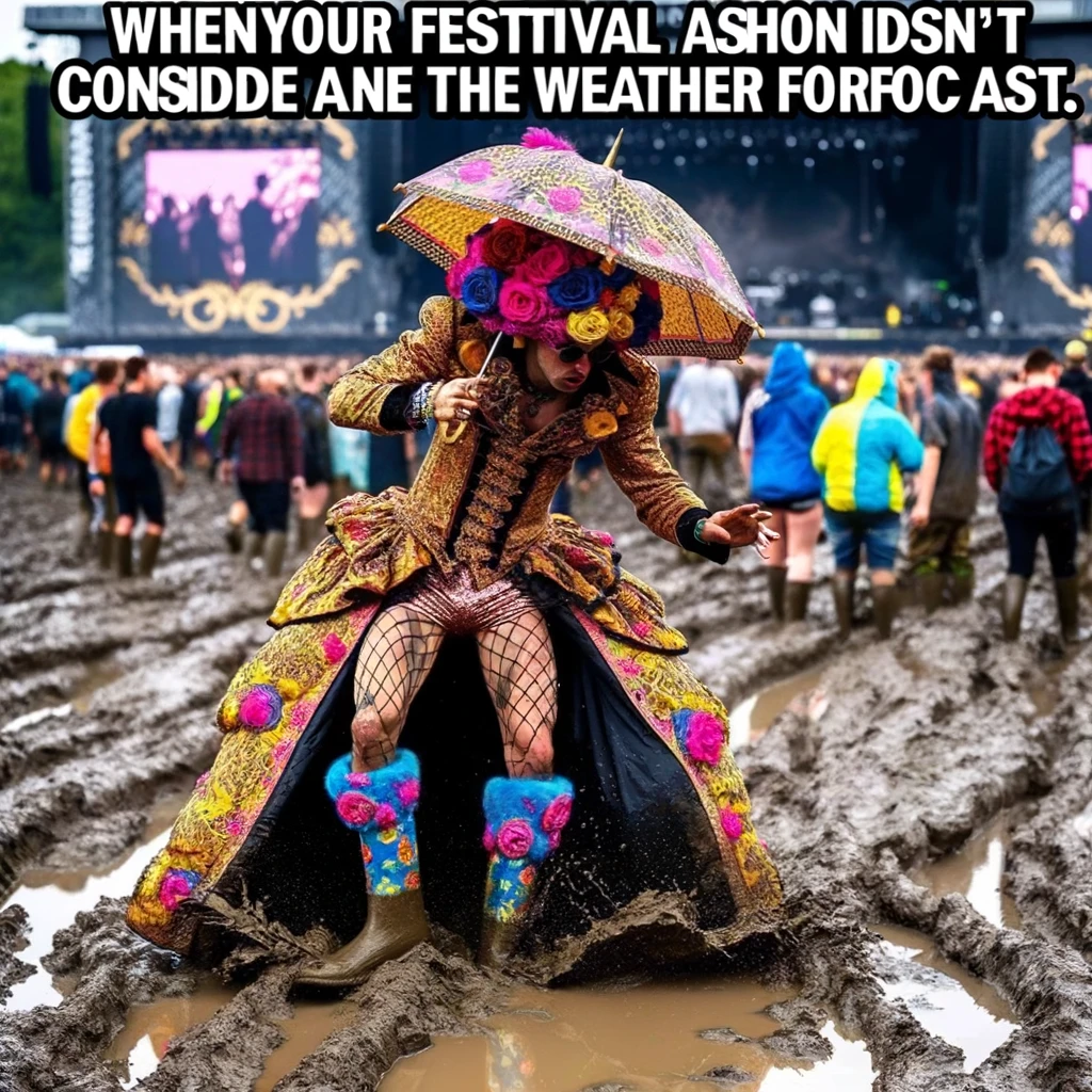 A person wearing an overly elaborate, impractical outfit at a muddy concert, struggling to walk. The scene is humorous, with the person's outfit looking extravagant and out of place in the muddy concert setting. The caption reads, "When your festival fashion doesn't consider the weather forecast." The image should emphasize the contrast between the fancy clothing and the muddy, difficult conditions at the concert.