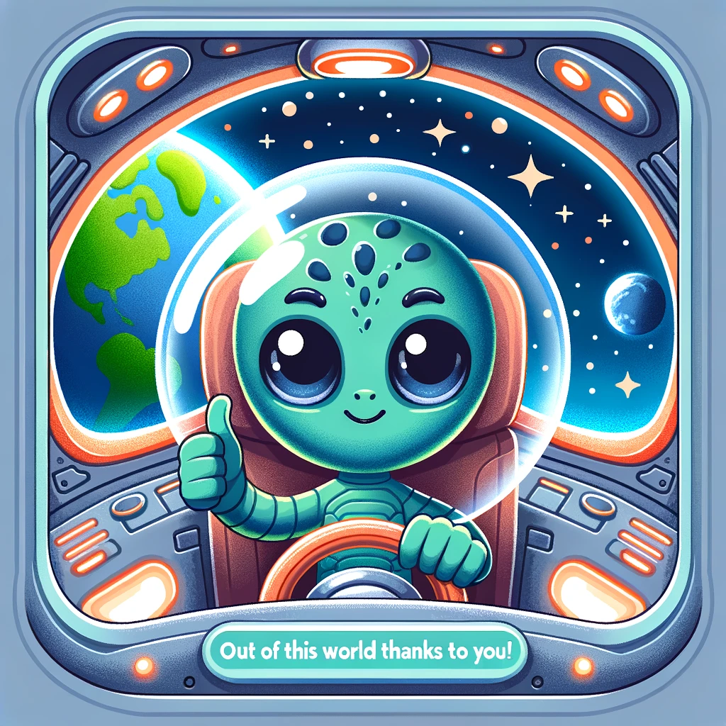 An illustration of a cute, cartoonish alien in a spaceship, giving a thumbs up with Earth in the background. The alien is colorful and friendly-looking, with big eyes and a smile. The spaceship interior is futuristic and whimsical. Earth is visible through a window behind the alien, highlighting the space theme. The text at the bottom of the image reads, "Out of this world thanks to you!"