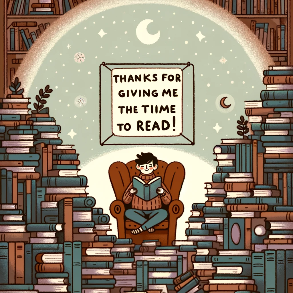 A cozy scene of a person in a comfy chair, surrounded by mountains of books, holding up a sign that says, "Thanks for giving me the time to read!" The person is relaxed and content, deeply engrossed in a book, with a warm and inviting atmosphere around them. The room is filled with shelves of books, creating a bibliophile's paradise. The scene conveys a sense of peaceful solitude and appreciation for reading.