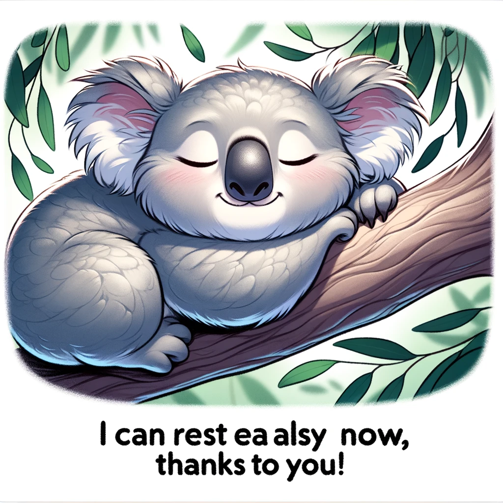 A cute koala dozing off on a tree branch with a relaxed, content face. The koala looks extremely peaceful and comfortable, nestled among the leaves of a eucalyptus tree. Its expression is one of serene satisfaction, embodying the essence of relaxation. The caption at the bottom of the image says, "I can rest easy now, thanks to you!" This image should evoke a sense of calm and gratitude.
