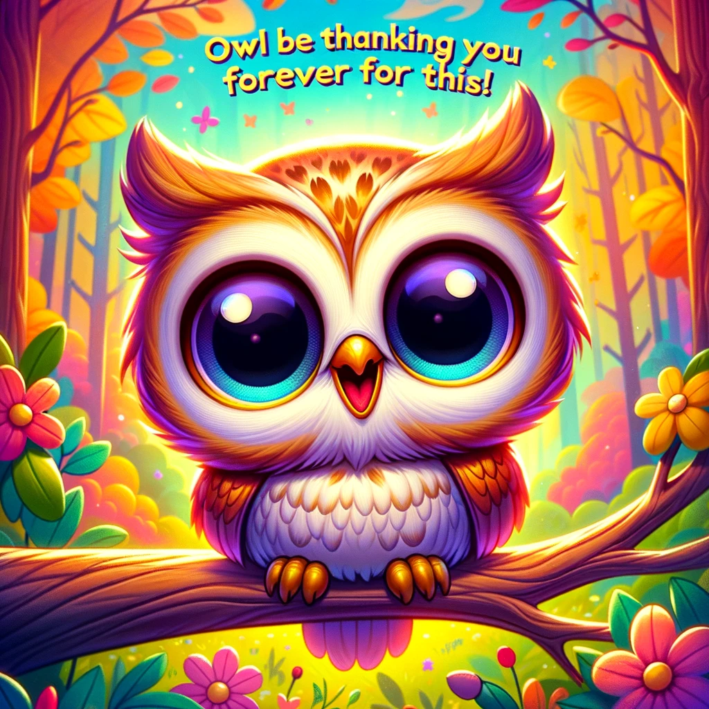 A cartoon owl with wide, surprised eyes and a happy expression. The owl is perched on a branch in a vibrant, colorful forest. Its eyes are large and expressive, conveying a sense of wonder and gratitude. The background is a lively woodland scene, adding to the whimsical nature of the image. The text at the bottom says, "Owl be thanking you forever for this!" This image should be playful and endearing, capturing the owl's cute and grateful demeanor.