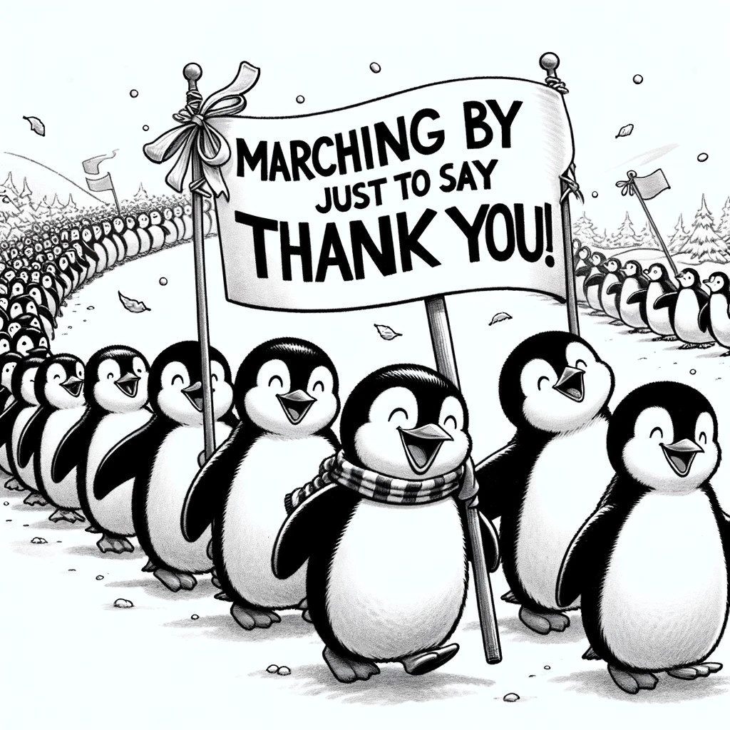 A line of cartoon penguins waddling in a parade, with the leading penguin holding a banner that reads, "Marching by just to say thank you!" The penguins are in a snowy landscape, looking cheerful and enthusiastic. Each penguin has a distinct, joyful expression, adding to the festive atmosphere. The scene is lively and fun, capturing the spirit of a grateful celebration in a whimsical, cartoon style.