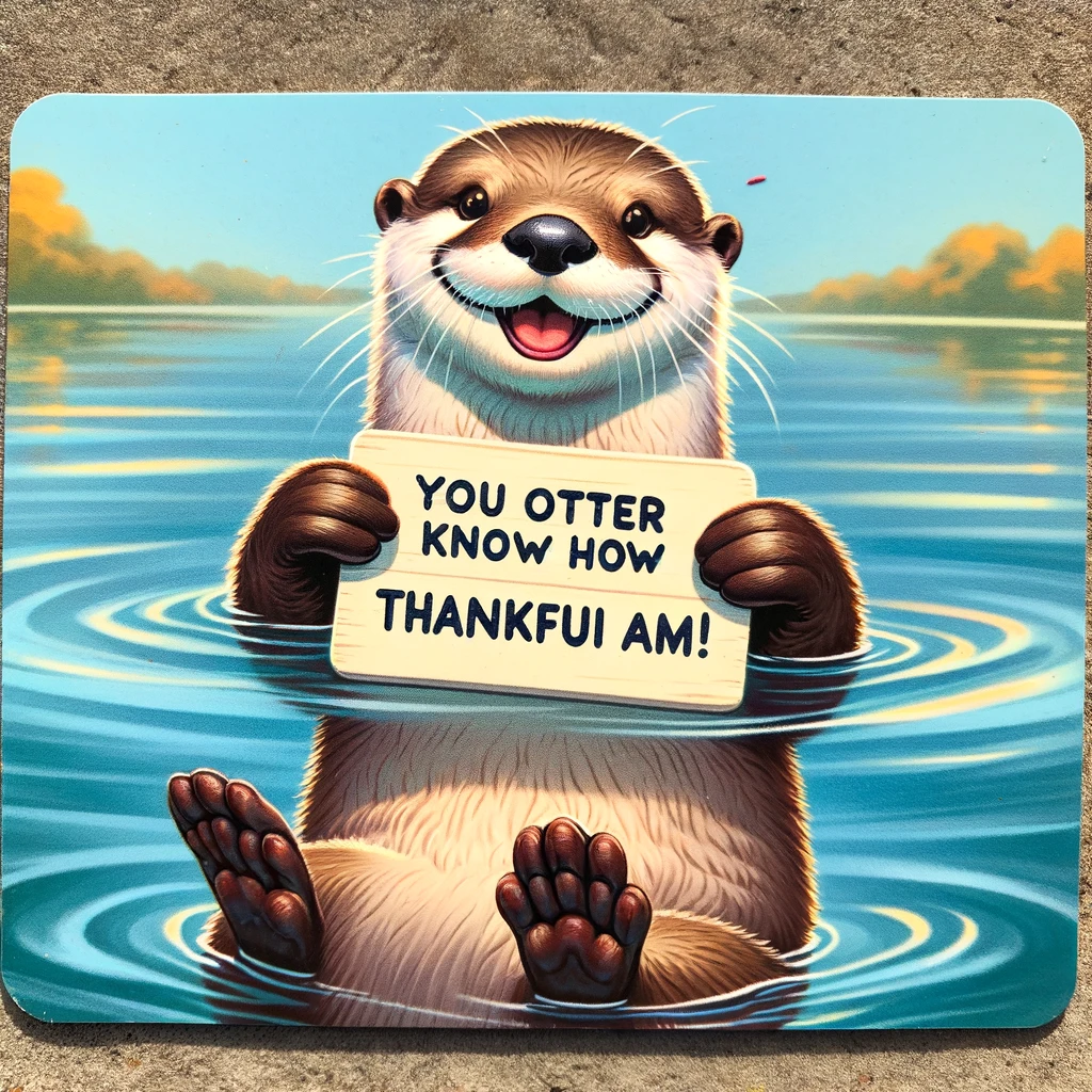 An image of an otter floating on its back in the water, holding a small sign with its paws. The sign reads, "You otter know how thankful I am!" The otter looks cheerful and the background is a calm river or lake scene. The image should be colorful and have a heartwarming vibe, capturing the playful and grateful nature of the otter.