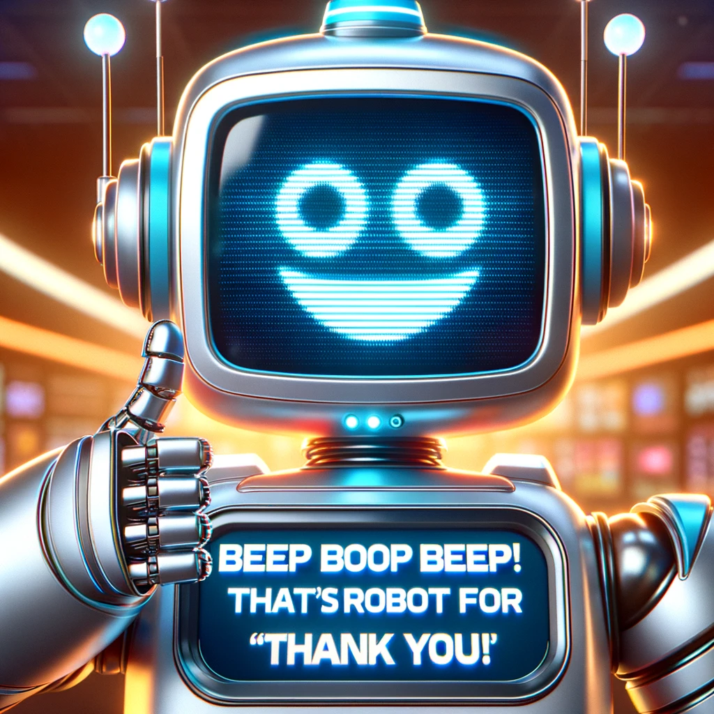 A cartoon robot with a big, digital smile on its screen-face, giving a thumbs up. The caption reads, "Beep boop beep! That's robot for 'Thank you!'" The robot should look friendly and cheerful, with a modern or futuristic background. The image should have a playful and lighthearted tone, with bright colors and a fun, whimsical design to appeal to a wide audience.