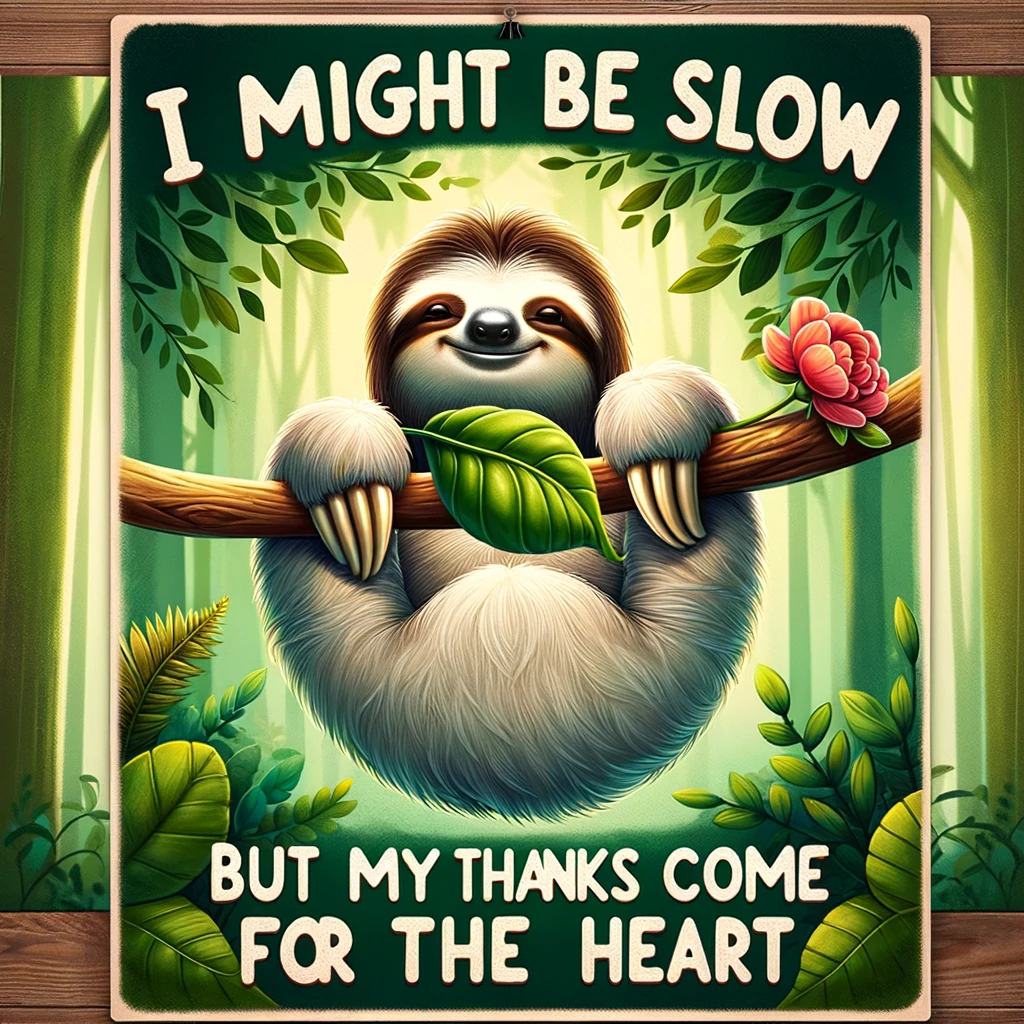 A sloth hanging from a tree branch with a contented smile, holding a flower. The text reads, "I might be slow, but my thanks come from the heart." The sloth should appear happy and relaxed in a lush, green forest setting. The image should be heartwarming and soothing, with natural colors and a serene atmosphere, emphasizing the sloth's slow but sincere gratitude.