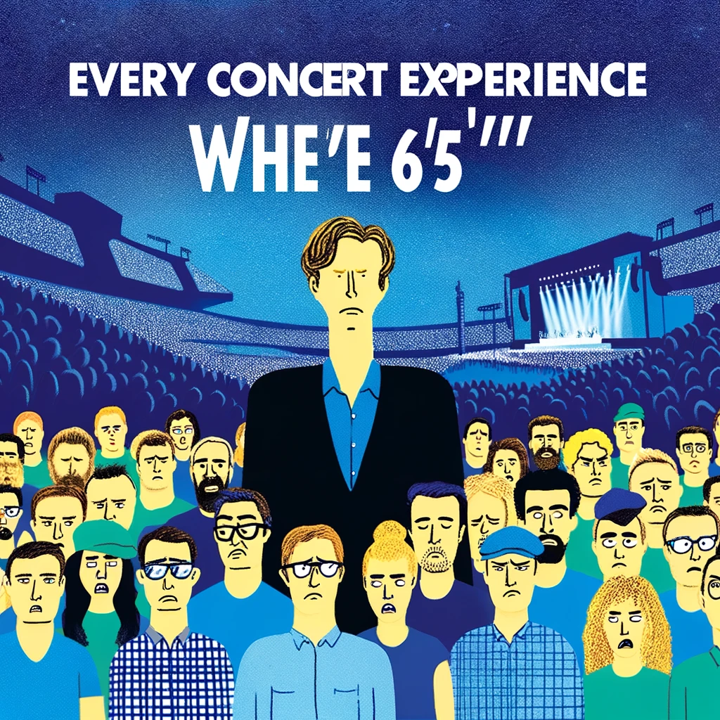A very tall person at a concert, surrounded by several annoyed shorter people behind unable to see the stage. The image should humorously depict the tall person's obliviousness to the situation, while the shorter people show various expressions of annoyance and frustration. The caption says, "Every concert experience when you're 6'5''." This should emphasize the common scenario at concerts where a tall person blocks the view for others.