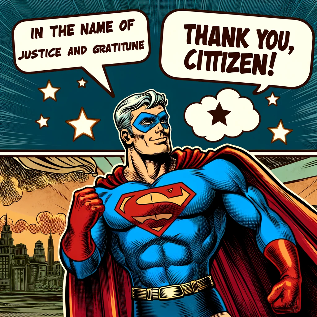 A classic comic book style hero with a word bubble: "In the name of justice and gratitude, Thank You, citizen!" The hero should be striking a heroic pose, looking confident and inspiring. The background can be a cityscape or a dramatic scene fitting for a comic book. The image should have a vintage comic book feel, with bold colors and dynamic lines, reminiscent of classic superhero comics.