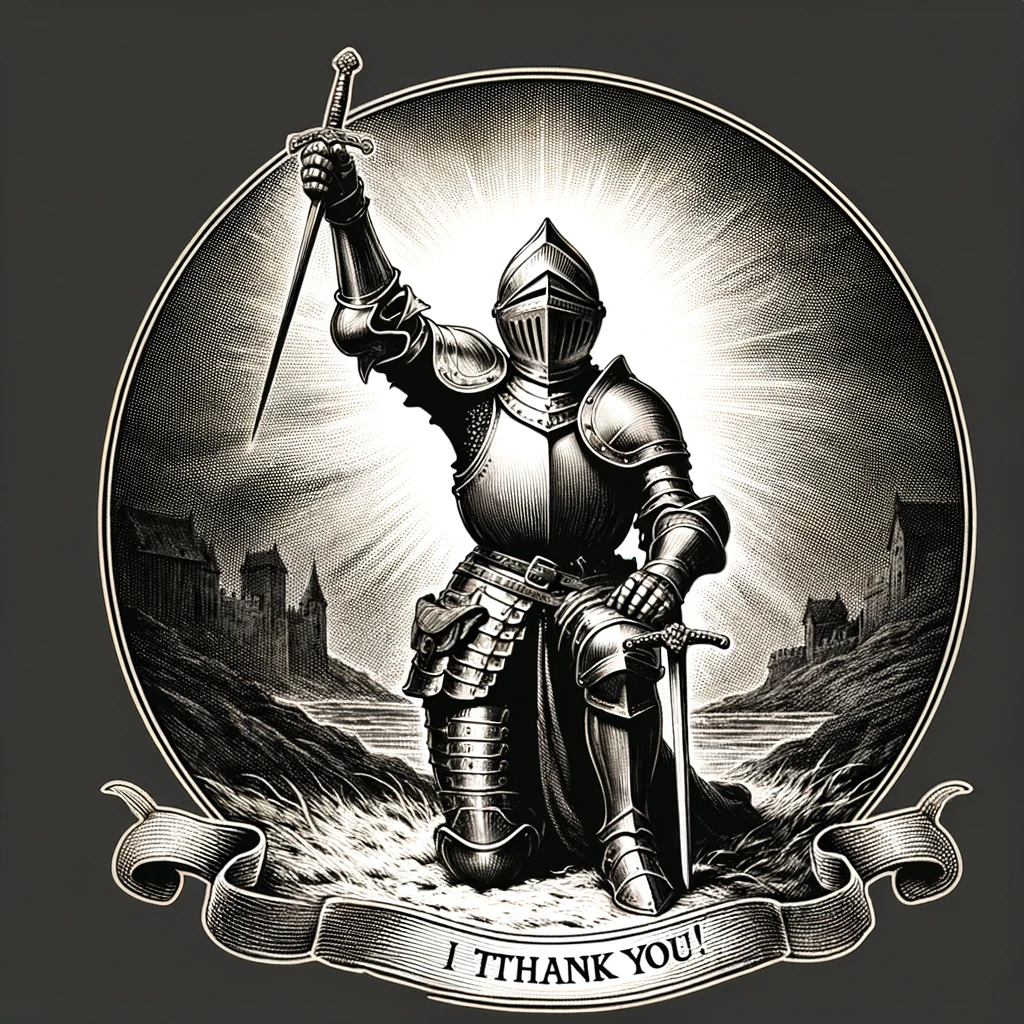 An image depicting a knight in shining armor, kneeling and holding up their sword in a salute. The knight appears noble and brave, wearing a traditional suit of armor with a helmet. The background should suggest a medieval setting, possibly with a castle or a battlefield. The image should convey a sense of honor and respect. Include the caption: "In the name of honor and gratitude, I thank thee!" The overall composition should have a heroic and noble feel, emphasizing the knight's gesture of thanks.