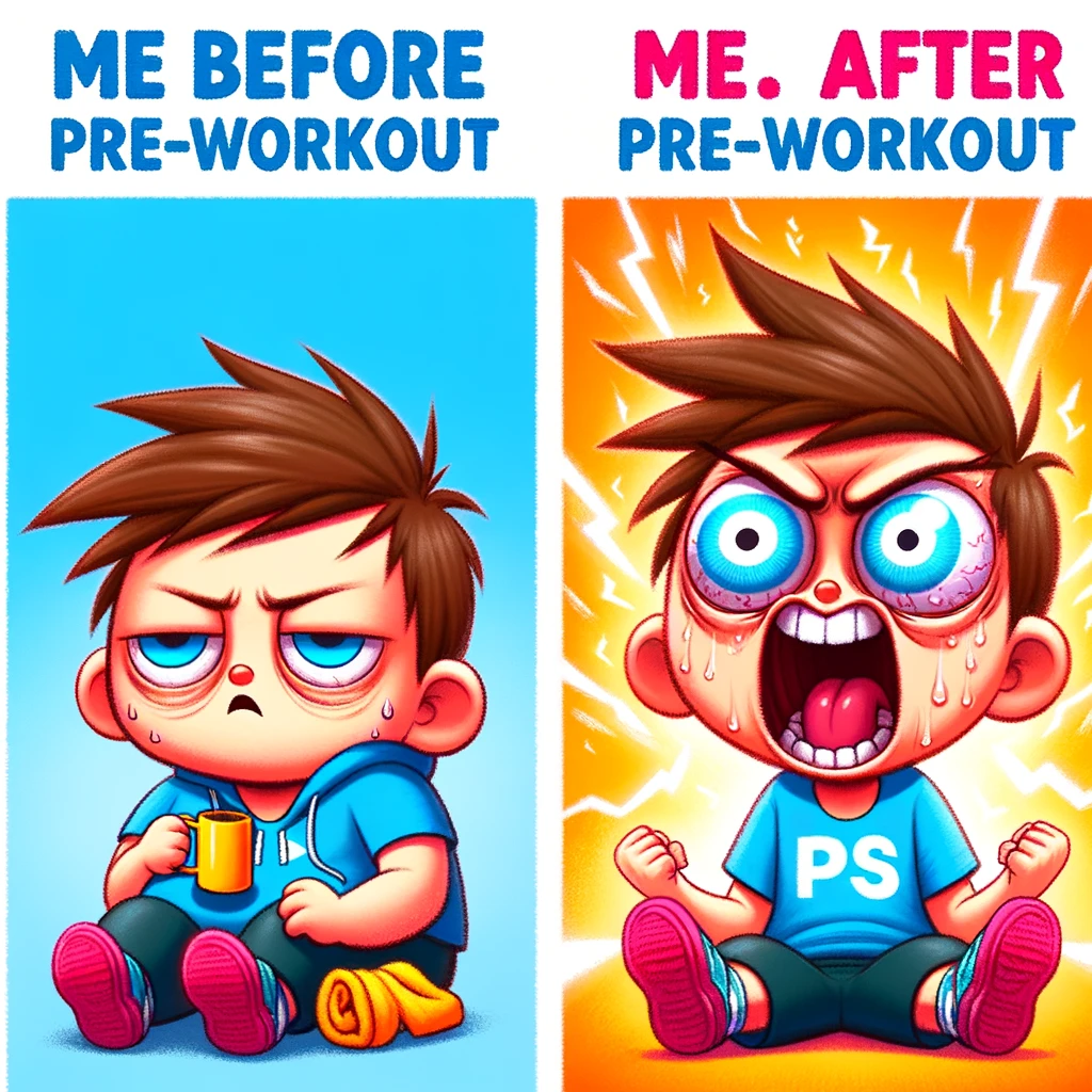 Pre-Workout vs. Post-Workout Expression: Two side-by-side images. The first shows a cartoon person looking sleepy and disinterested with the caption "Me before pre-workout." The second image shows the same cartoon person looking extremely energized and excited with the caption "Me after pre-workout." The images should be colorful and humorous, highlighting the dramatic change in energy and mood.