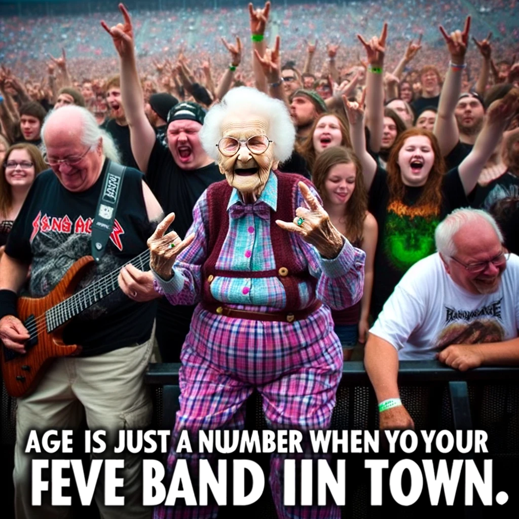 An elderly person dressed in typical 'grandparent' clothes but rocking out at a heavy metal concert. The scene should show the elderly person looking energetic and enthusiastic, surrounded by a younger crowd. The contrast between the elderly person's attire and the heavy metal environment should be humorous and endearing. The caption reads, "Age is just a number when your favorite band is in town." This image should capture the spirit of enjoying music regardless of age.