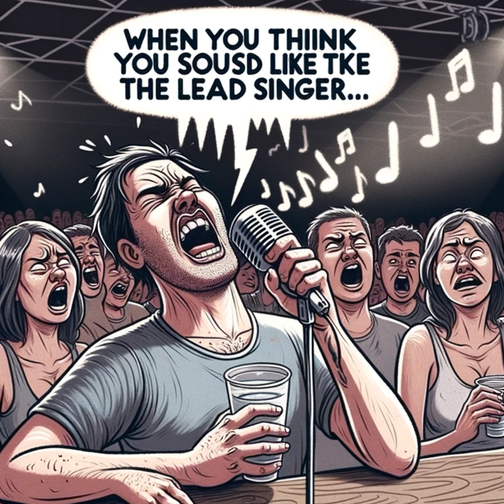 Someone singing passionately (and off-key) with their eyes closed, holding a drink, completely oblivious to their surroundings at a concert. The scene should be humorous, showing the person in a moment of complete immersion in the music, while others around them appear bewildered or amused. The caption: "When you think you sound like the lead singer." This image should capture the common humorous situation of someone getting carried away with their singing at a concert.