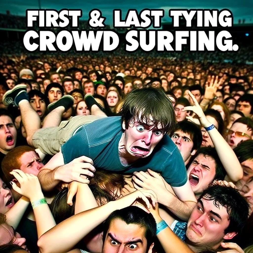 An awkward and terrified-looking person crowd surfing, with a sea of unamused faces below them at a concert. The image should humorously capture the person's uncomfortable expression and the crowd's lack of enthusiasm. The situation should look comical, emphasizing the awkwardness of the person's first attempt at crowd surfing. The caption reads, "First and last time trying crowd surfing." This scene should highlight the humorous and sometimes uncomfortable experience of crowd surfing at concerts.