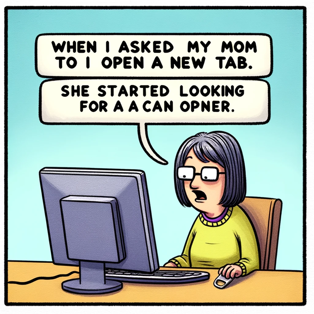 A mom looking at a computer screen with a confused expression. Text above reads, "When I asked my mom to open a new tab," and below, "She started looking for a can opener." The scene is humorous and relatable, depicting the mom in a casual, home environment, perhaps in a home office or living room. The computer screen is visible, and the mom has a puzzled look as she holds a can opener in her hand, illustrating the joke in the text.