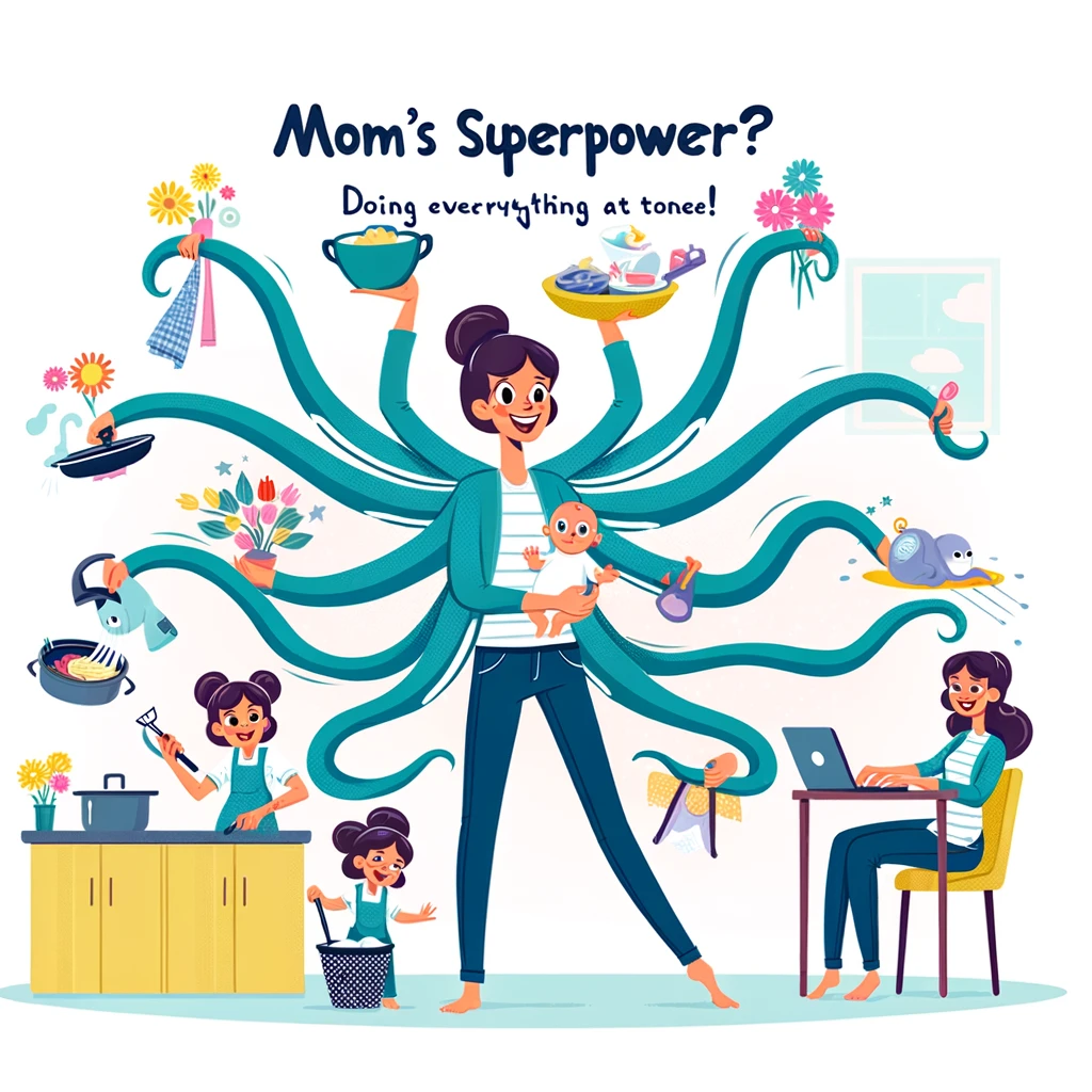 An image of a mom with multiple arms like an octopus, each hand doing a different task (cooking, cleaning, working on a laptop, holding a baby, etc.). The scene is lively and cartoonish, showcasing the mom in a dynamic, home setting. Each arm is engaged in a different household task, symbolizing the multitasking nature of motherhood. The mom looks cheerful and capable. Caption: "Mom's superpower? Doing everything at once!" The caption is displayed in a playful, bold font at the bottom of the image.