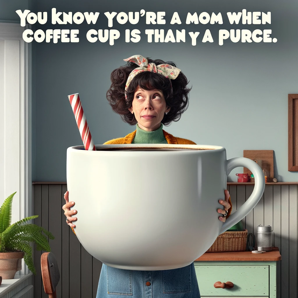 A mom with an exaggeratedly large coffee cup, almost as big as her. The scene is humorous and relatable, depicting the mom in a casual, home environment, perhaps in a kitchen or living room. She looks slightly weary but amused, holding the giant coffee cup with both hands. The coffee cup is humorously oversized, emphasizing the joke. The text says, "You know you're a mom when your coffee cup is bigger than your purse." The caption is displayed in a fun, bold font at the top of the image.