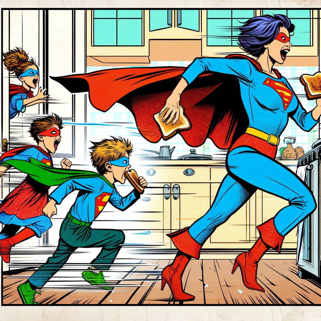 A comic-like image of a mom and kids in superhero capes, racing out the door with toast in their mouths. The scene is dynamic and colorful, resembling a comic book panel. The mom and kids are dressed in makeshift superhero costumes, emphasizing the fun and chaos of a typical morning. The mom leads the charge, with the kids following, all in a hurry. The caption: "Every morning is a race against time for Supermom and her sidekicks." The caption is in a bold, comic-style font at the bottom of the image.