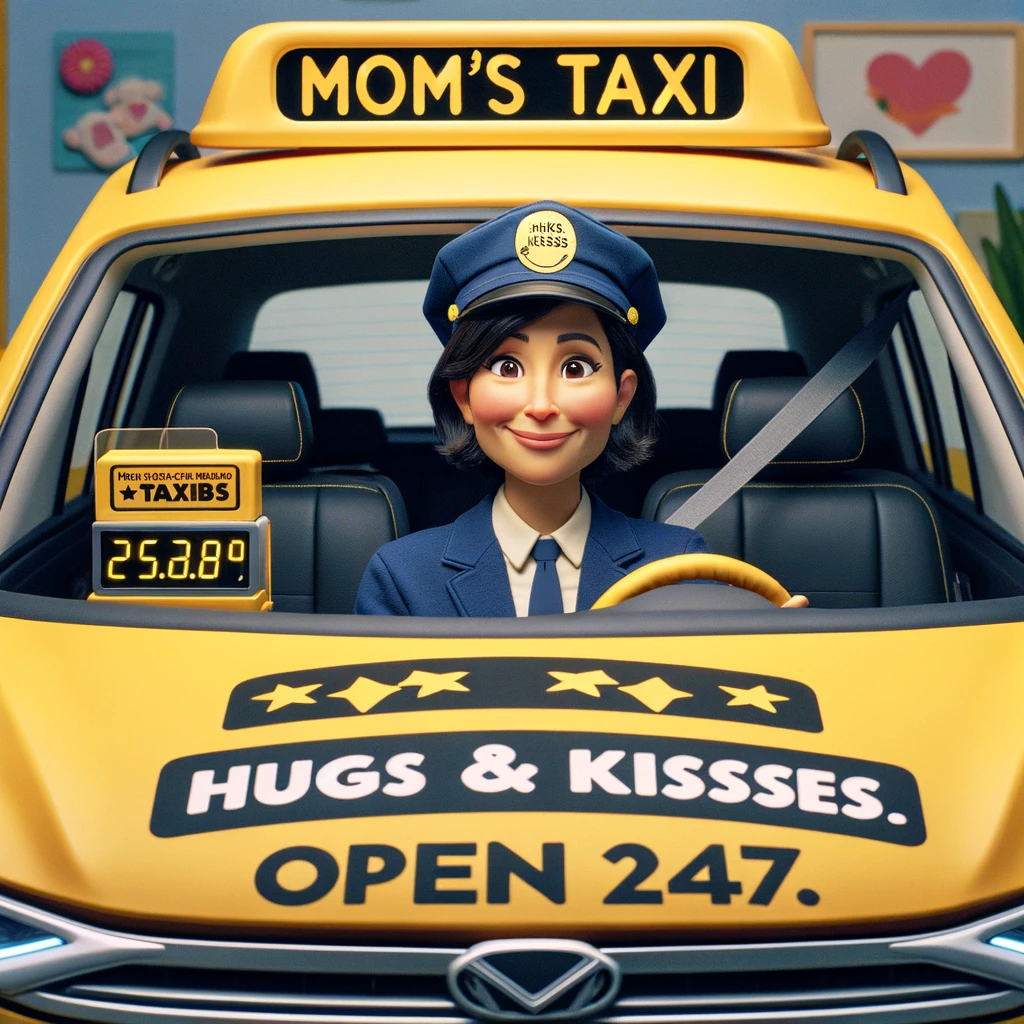 A mom in a car looking like a taxi driver, complete with a cap and ID. The car is designed to resemble a taxi, with the meter inside reading "Hugs & Kisses". The scene is both humorous and endearing, showing the mom as a dedicated parent and driver. She wears a professional yet friendly expression. The caption: "Mom's Taxi: Open 24/7." is displayed in a friendly, bold font at the bottom of the image, adding to the taxi service theme.