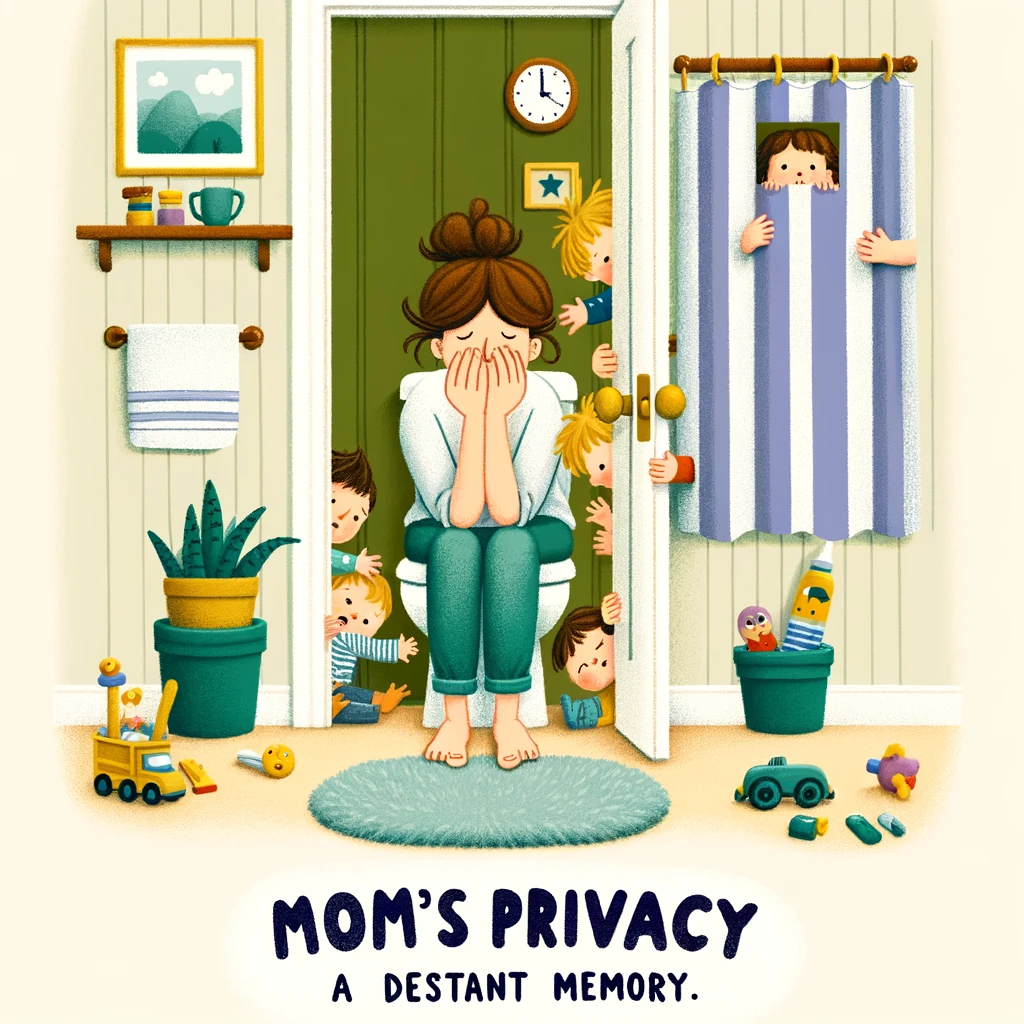 A mom in a bathroom with little hands and toys peeking under the door. The scene is humorous and relatable, capturing the essence of a mom seeking a moment of privacy. The bathroom setting is cozy and domestic, with the mom inside looking exasperated yet affectionate. Outside the door, the small hands and various toys add a playful touch to the scenario. The caption reads, "Mom's privacy: A distant memory." The caption is displayed in a whimsical, bold font at the bottom of the image.