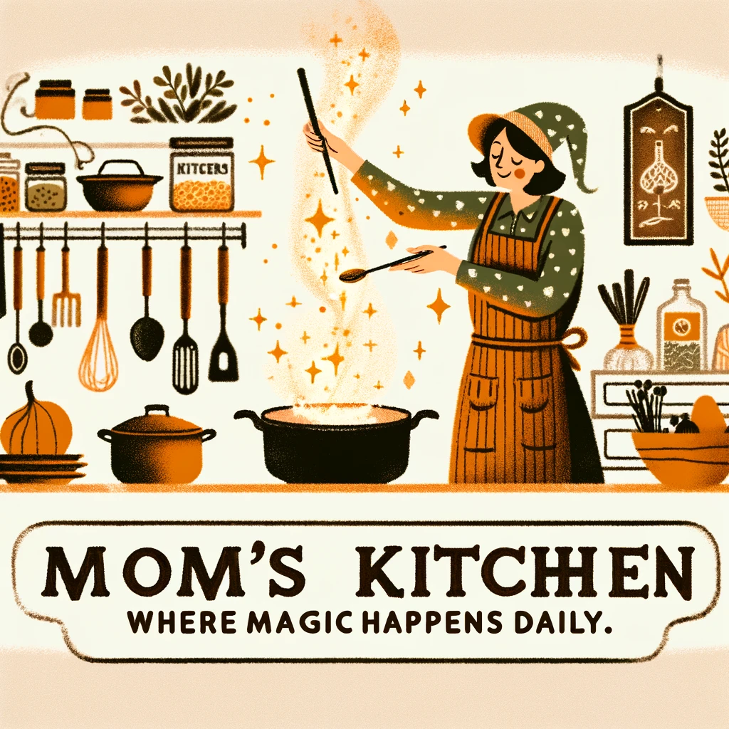 An image of a mom with a magic wand in the kitchen, turning simple ingredients into a gourmet meal. The scene is warm and inviting, capturing the magic of home cooking. The mom looks like a culinary wizard, playfully waving a wand over the ingredients, which are transforming into a delicious dish. The kitchen setting is cozy and familiar, filled with cooking utensils and ingredients. The caption: "Mom's Kitchen: Where magic happens daily." is displayed in a charming, bold font at the bottom of the image.