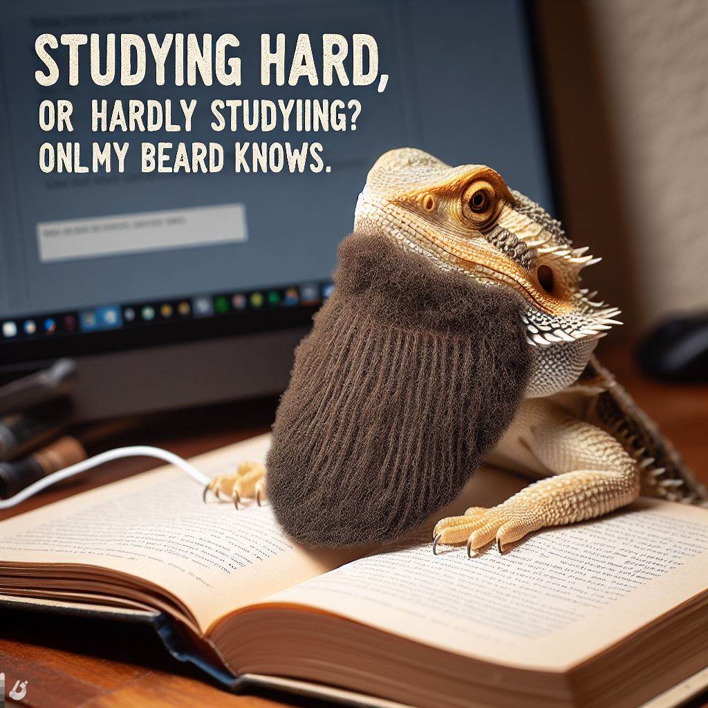 A bearded dragon perched on an open book or staring intently at a computer screen. The caption reads: "Studying hard, or hardly studying? Only my beard knows."