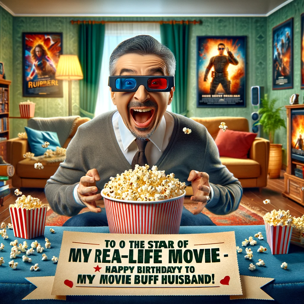 An image of a man with 3D glasses, popcorn everywhere, possibly imitating a famous movie scene or character. The living room is set up like a mini movie theater, with posters and a large screen. The man is animatedly reenacting a scene or expressing excitement. A caption at the bottom reads: "To the star of my real-life movie - Happy Birthday to my movie buff husband!" The image should be humorous and vibrant, capturing the enthusiasm and joy of a movie enthusiast.