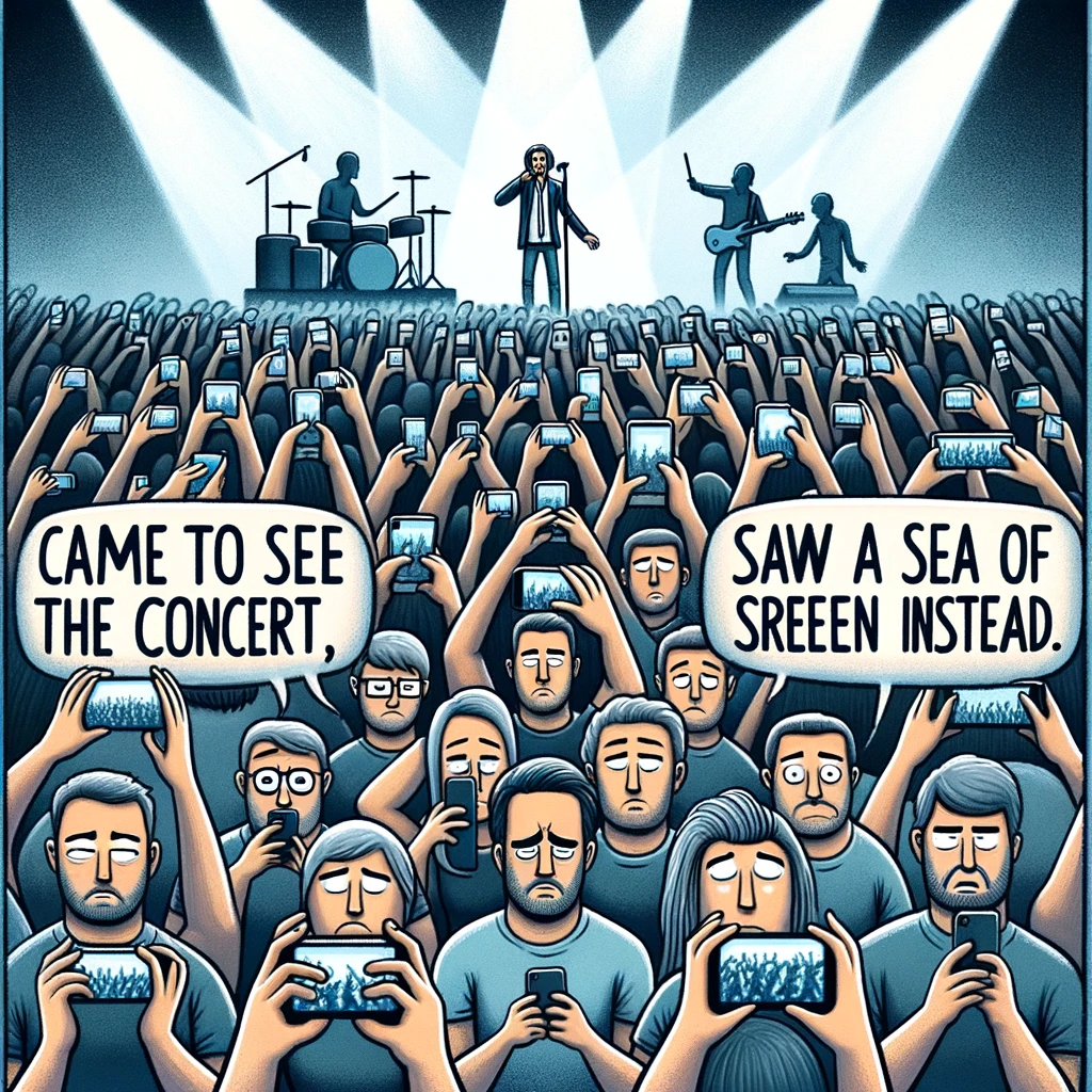 A sea of people recording the concert on their phones, with one person in the middle just trying to watch the show. The image should humorously depict the modern concert experience, with almost everyone focused on recording rather than watching. The person in the center looks frustrated or confused, surrounded by a forest of raised phones. The caption: "Came to see the concert, saw a sea of screens instead." This should emphasize the irony of attending a live event but experiencing it through a screen.