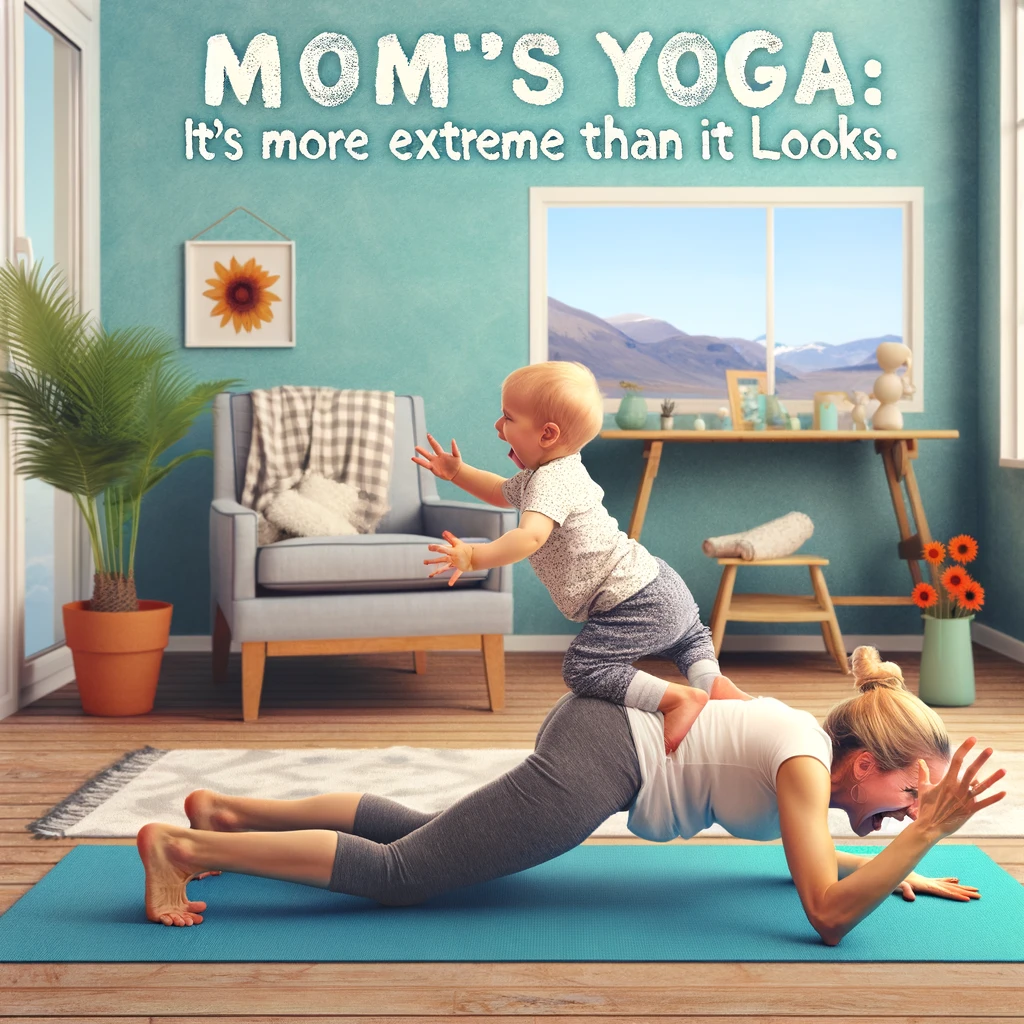 A humorous image of a mom doing yoga with a toddler climbing on her like a jungle gym. The scene is chaotic yet comical, with the mom trying to maintain a yoga pose while the toddler is playfully climbing on her, treating her like a playground structure. The room is typical for yoga, with a yoga mat and peaceful decor, but the situation is anything but peaceful. The caption at the top reads, "Mom's Yoga: It's more extreme than it looks." The image should capture the essence of a fun, slightly exaggerated reality of parenting, where exercise and childcare blend in an amusing way.
