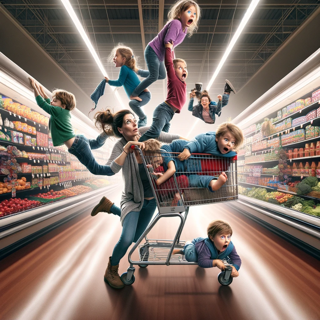 An amusing image of a mom pushing a shopping cart in a grocery store, with her kids hanging off it in various dramatic poses. The image is a blend of chaos and humor, capturing the typical struggles of grocery shopping with children. The kids are in playful, exaggerated poses, clinging to different parts of the cart. The mom looks determined, navigating through the aisles. The text above the scene reads, "Entering the grocery store," and below, "Mission: Survive." This image should encapsulate the adventurous and often overwhelming experience of shopping with young children, depicted in a lighthearted and comical way.