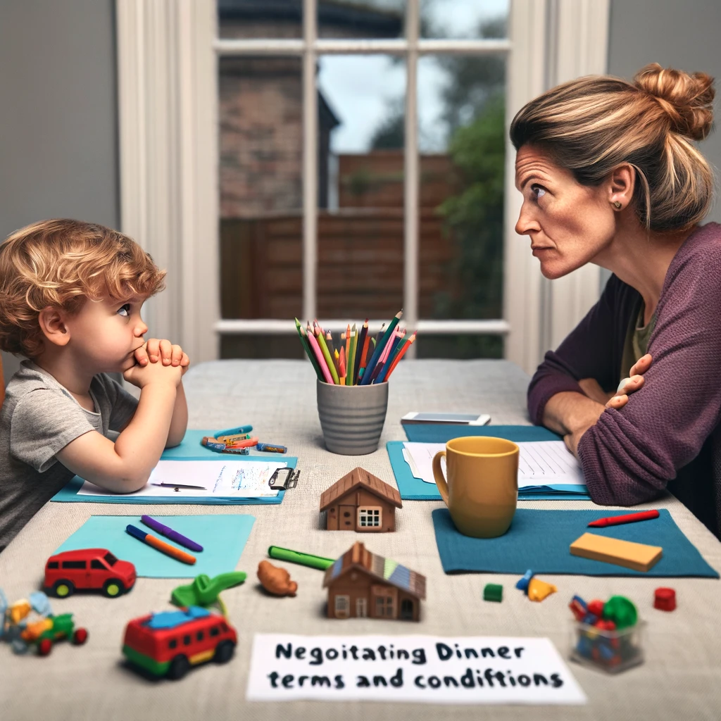 A comical image of a mom sitting at a table across from a toddler, both looking like business negotiators. The scene is set in a home dining area, with papers, crayons, and small toys scattered on the table, mimicking business documents. The mom and toddler are staring at each other with serious, yet playful expressions, as if engaged in a high-stakes negotiation. The mom looks like she's trying to maintain a professional demeanor, while the toddler appears stubborn or mischievous. The caption below reads, "Negotiating dinner terms and conditions with a toddler." This image should highlight the humorous side of parenting, where everyday activities like dinner become an amusing battle of wits.