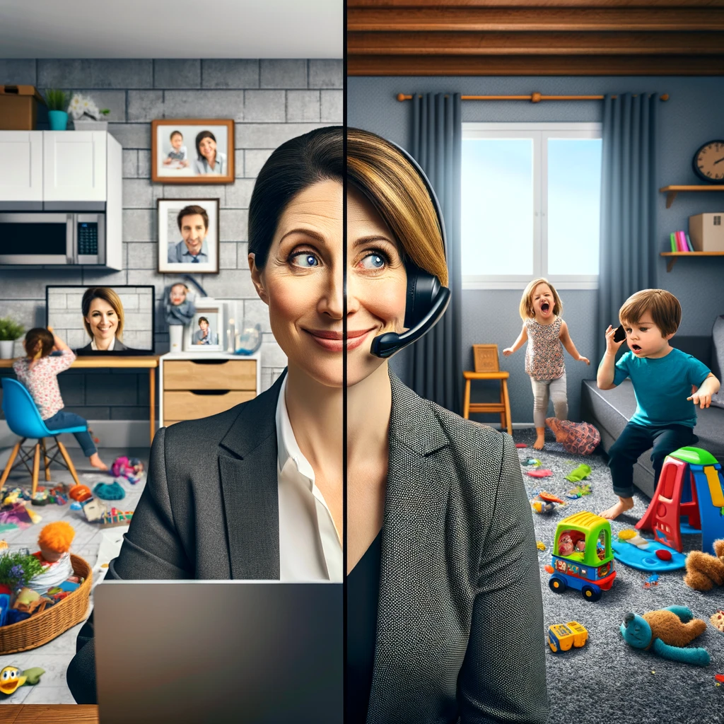 A split-screen image showcasing the dual reality of a work-from-home mom. On one side, a professional-looking mom is in a video call, perfectly composed, with a neat and organized background. She looks calm and collected, embodying a professional demeanor. On the other side, the image shows utter chaos with kids playing, toys strewn about, and a general sense of disorder just outside the video call frame. The contrast between the two scenes is stark and humorous. The caption, "Work From Home Mom: A tale of two scenes," encapsulates the duality of maintaining professionalism while managing home life. The image should humorously reflect the challenges and realities of balancing work and parenting from home.