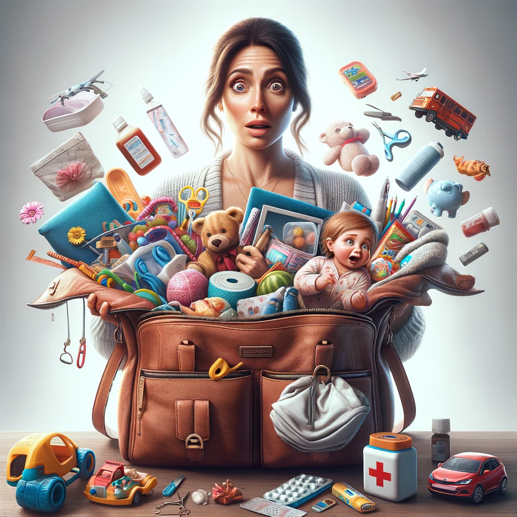 An image of a mom holding an open purse, with an array of items spilling out, including toys, snacks, a first aid kit, and various other unexpected objects. The scene is both whimsical and relatable, highlighting the mom's preparedness for any situation. The purse appears almost magical in its capacity, humorously exaggerating the reality of how much a mom carries. The mom looks slightly surprised or amused by the contents of her purse. The caption, "Mom's purse: The family's survival kit," is displayed prominently, emphasizing the humor in the mom's endless preparedness. The overall tone is lighthearted, showcasing the extraordinary yet everyday role of a mom.
